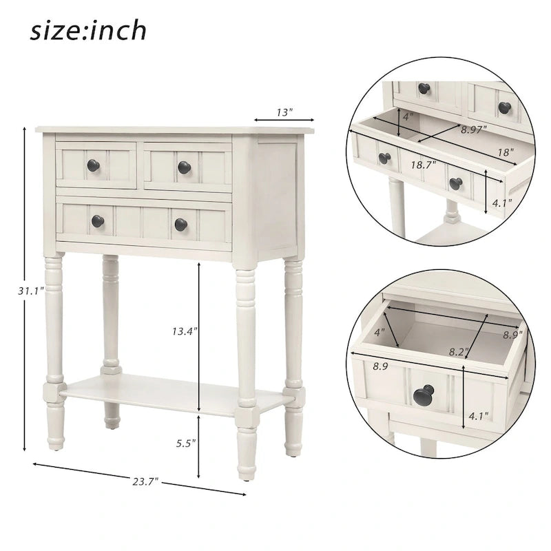 Table console étroite, table de canapé mince avec trois tiroirs de rangement et étagère inférieure - 23.7L x 13W x 31.1H