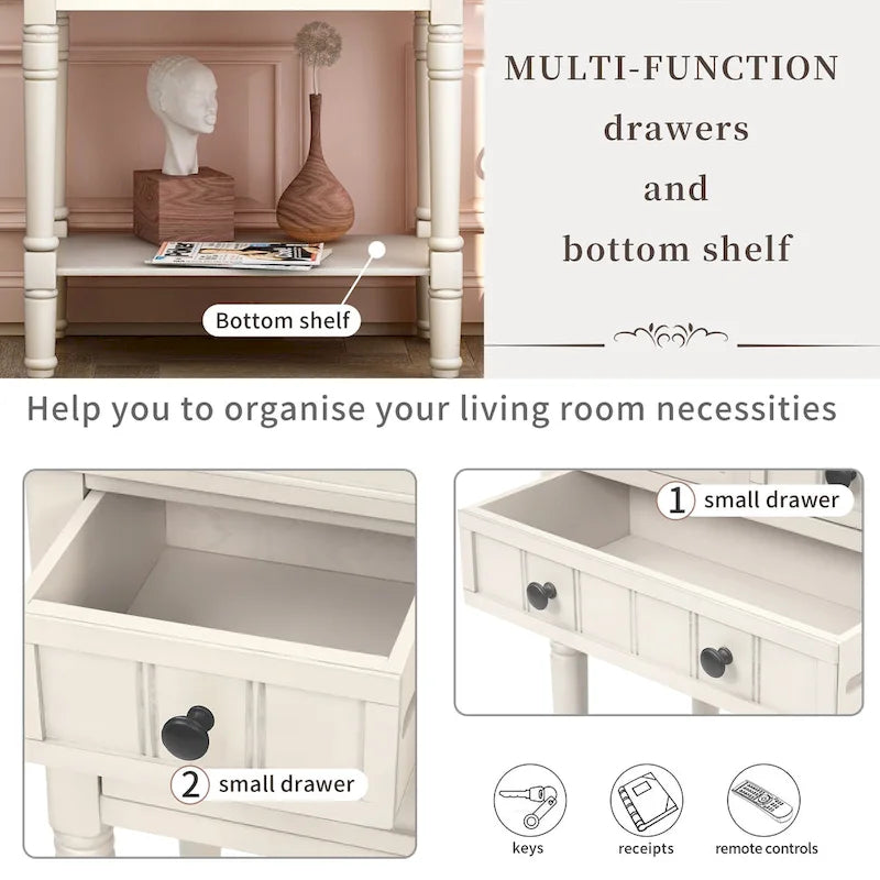 Table console étroite, table de canapé mince avec trois tiroirs de rangement et étagère inférieure - 23.7L x 13W x 31.1H