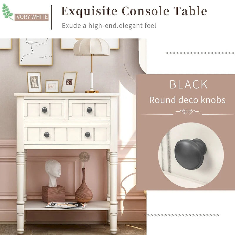 Table console étroite, table de canapé mince avec trois tiroirs de rangement et étagère inférieure - 23.7L x 13W x 31.1H