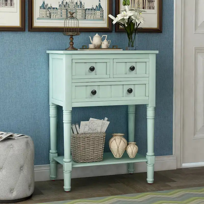 Table console étroite, table de canapé mince avec trois tiroirs de rangement et étagère inférieure - 23.7L x 13W x 31.1H