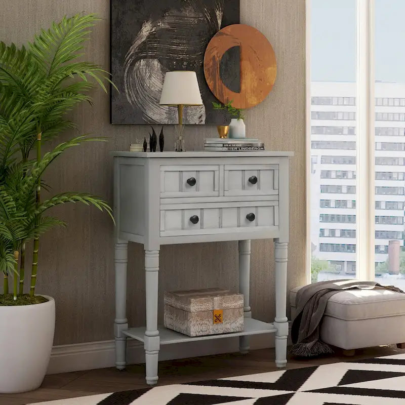 Table console étroite, table de canapé mince avec trois tiroirs de rangement et étagère inférieure - 23.7L x 13W x 31.1H