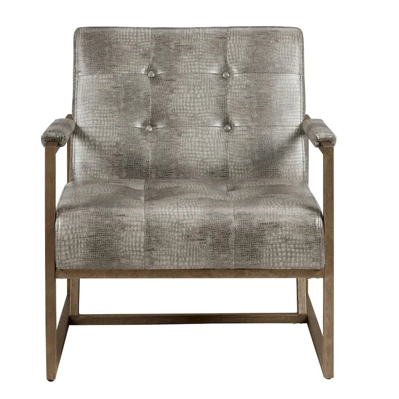 Grey Snakeskin Faux Leather Lounge Chair with Antique Bronze Metal Frame