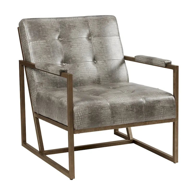 Grey Snakeskin Faux Leather Lounge Chair with Antique Bronze Metal Frame