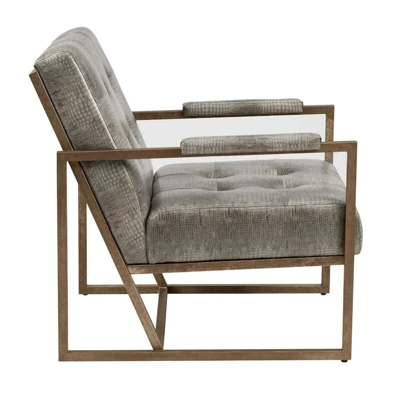 Grey Snakeskin Faux Leather Lounge Chair with Antique Bronze Metal Frame