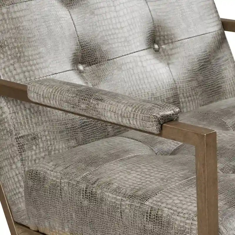 Grey Snakeskin Faux Leather Lounge Chair with Antique Bronze Metal Frame