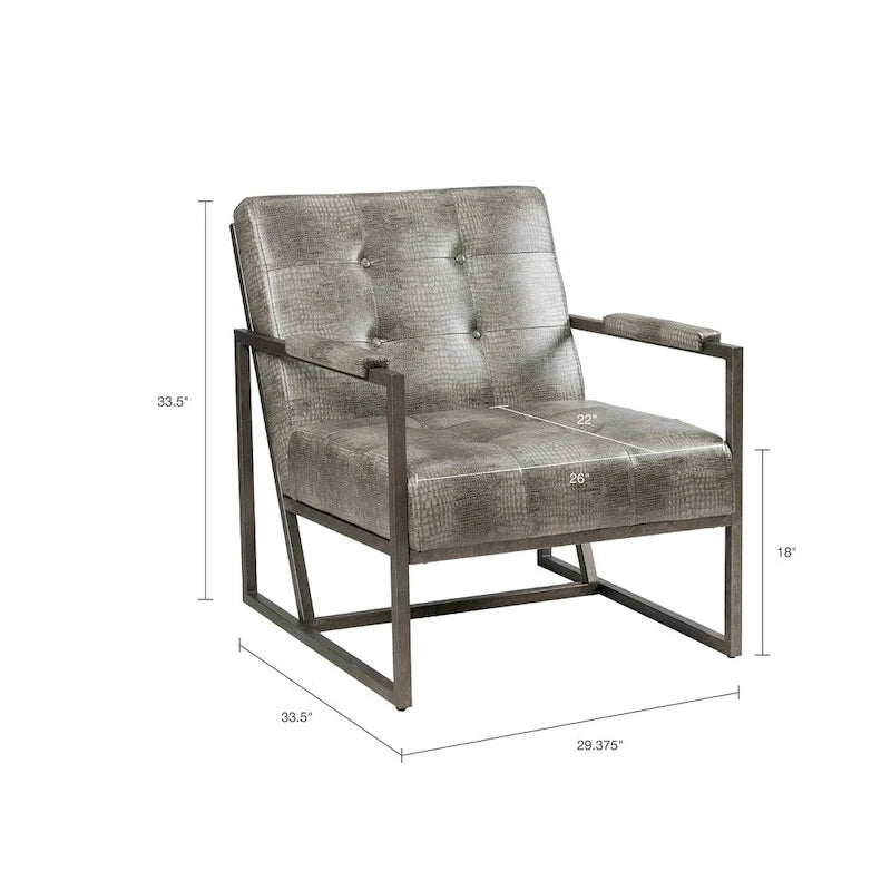 Grey Snakeskin Faux Leather Lounge Chair with Antique Bronze Metal Frame