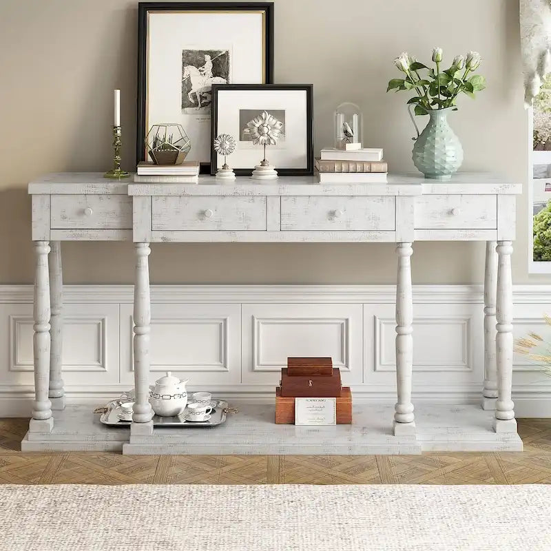 4-Drawer 1-Shelf Wood Console Table - Entryway Storage Sofa Table