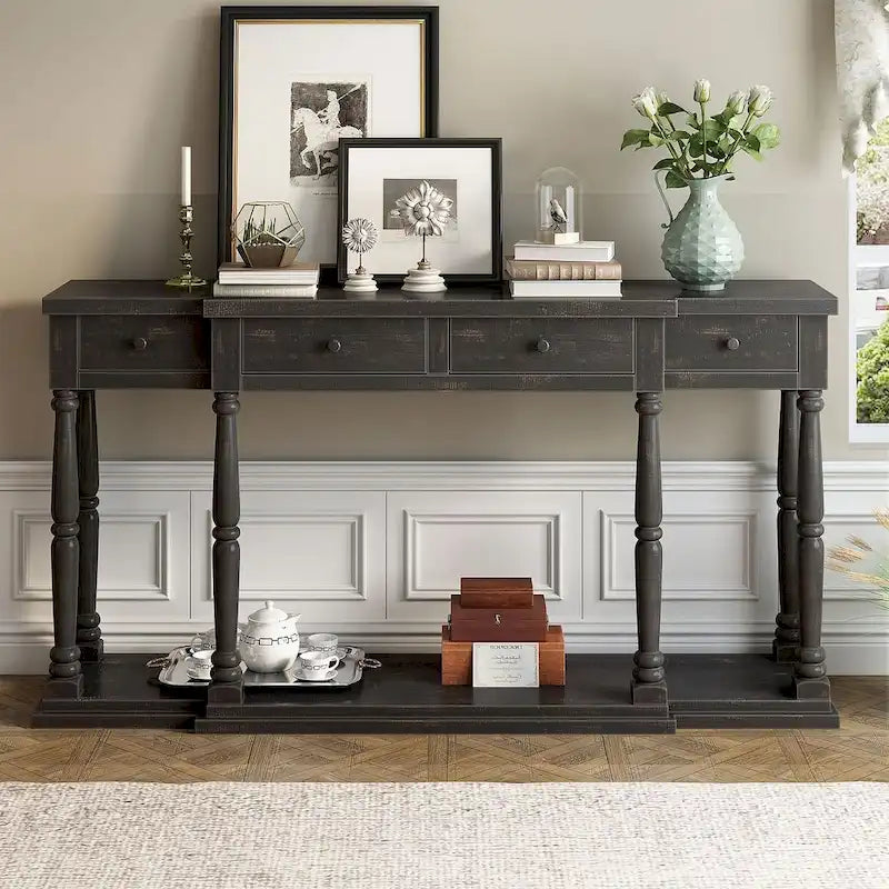 4-Drawer 1-Shelf Wood Console Table - Entryway Storage Sofa Table