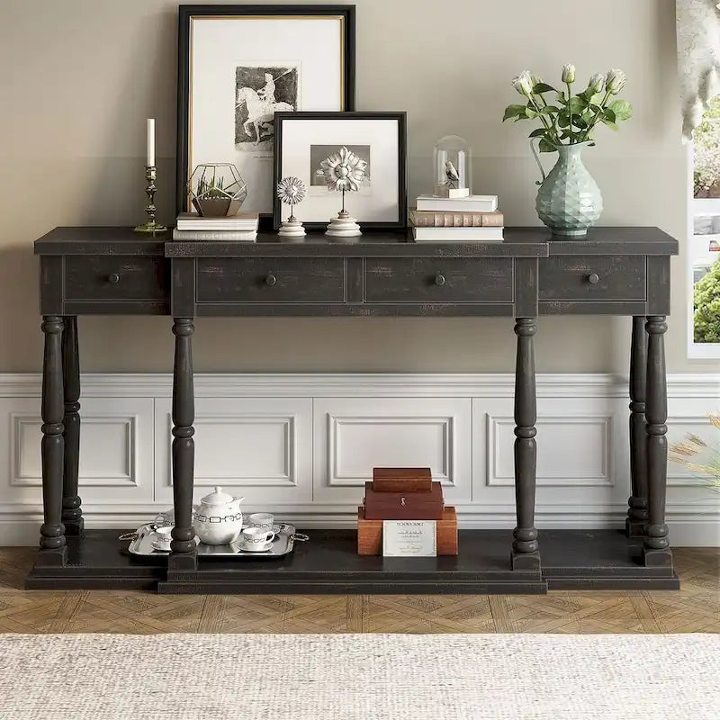 4-Drawer 1-Shelf Wood Console Table - Entryway Storage Sofa Table