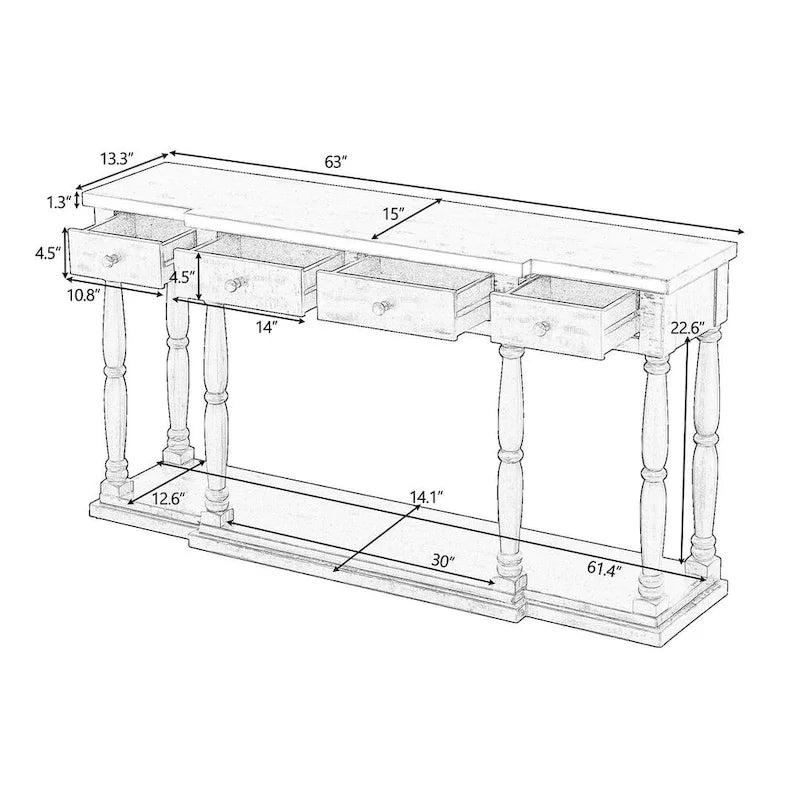 4-Drawer 1-Shelf Wood Console Table - Entryway Storage Sofa Table