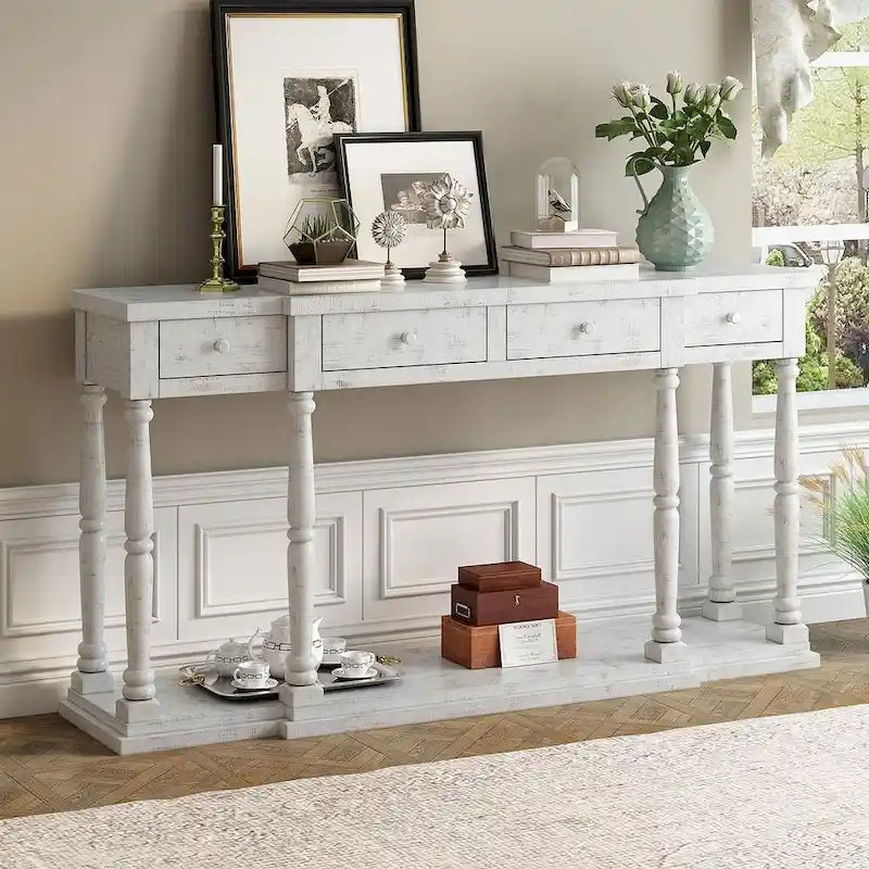4-Drawer 1-Shelf Wood Console Table - Entryway Storage Sofa Table