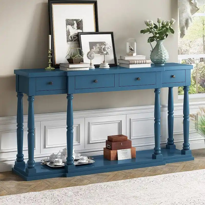 4-Drawer 1-Shelf Wood Console Table - Entryway Storage Sofa Table
