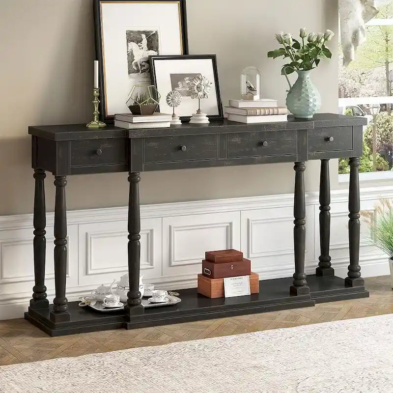 4-Drawer 1-Shelf Wood Console Table - Entryway Storage Sofa Table