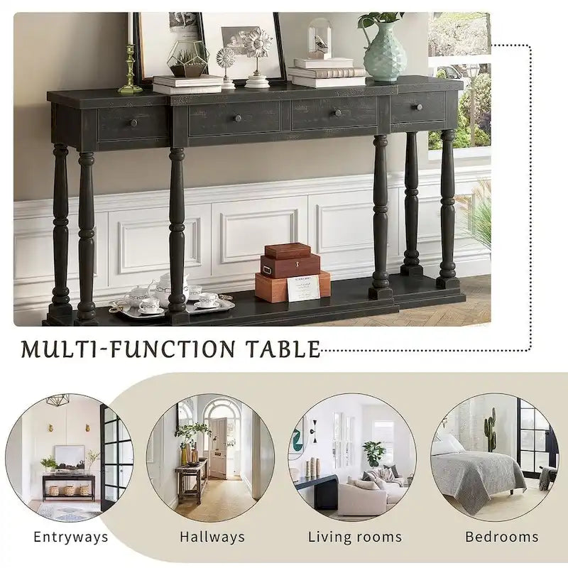 4-Drawer 1-Shelf Wood Console Table - Entryway Storage Sofa Table