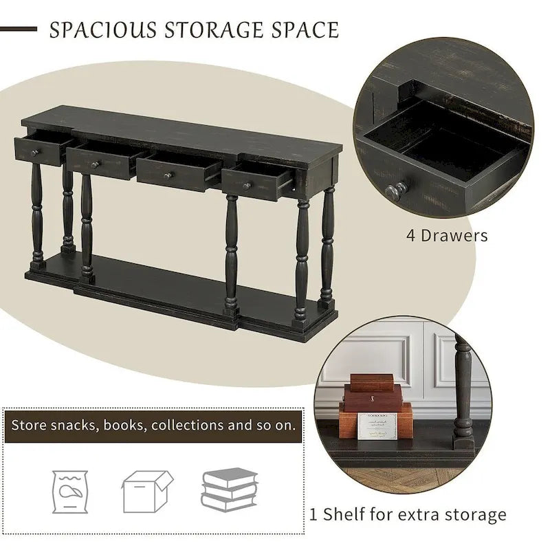4-Drawer 1-Shelf Wood Console Table - Entryway Storage Sofa Table