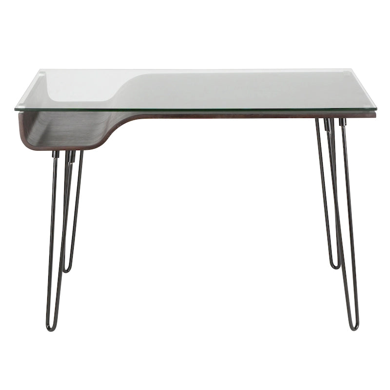 Mid-Century Modern Office Desk with Glass Top and Hairpin Metal Legs