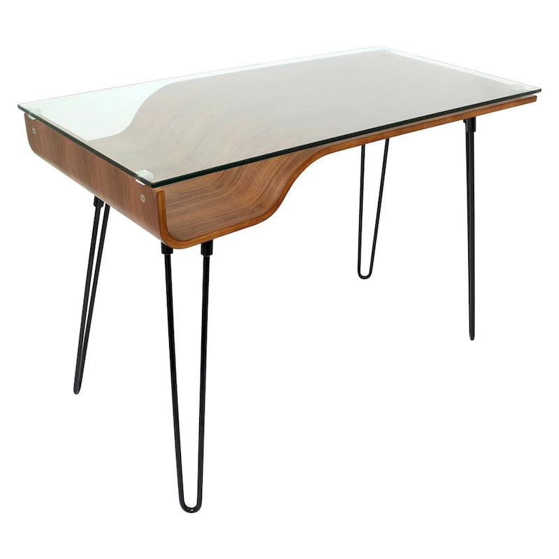 Mid-Century Modern Office Desk with Glass Top and Hairpin Metal Legs
