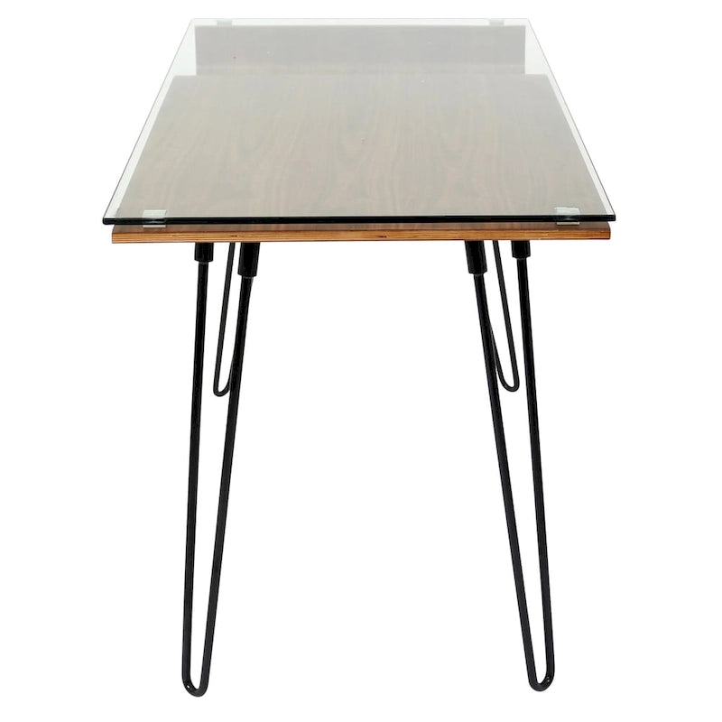 Mid-Century Modern Office Desk with Glass Top and Hairpin Metal Legs