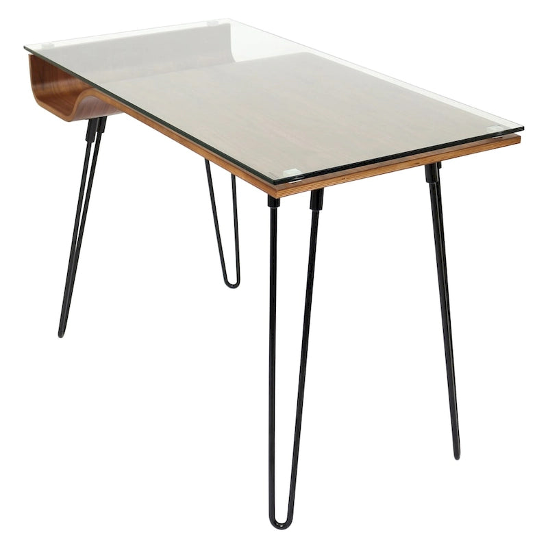 Mid-Century Modern Office Desk with Glass Top and Hairpin Metal Legs