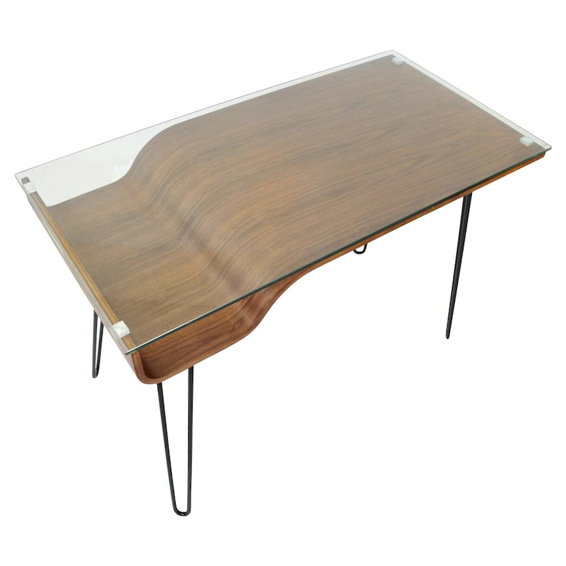 Mid-Century Modern Office Desk with Glass Top and Hairpin Metal Legs