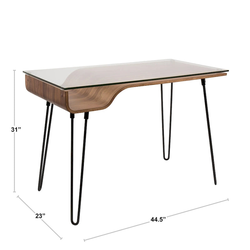 Mid-Century Modern Office Desk with Glass Top and Hairpin Metal Legs