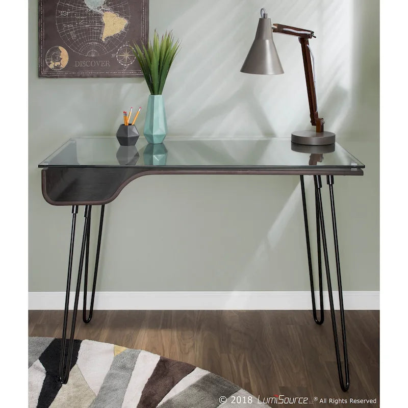 Mid-Century Modern Office Desk with Glass Top and Hairpin Metal Legs