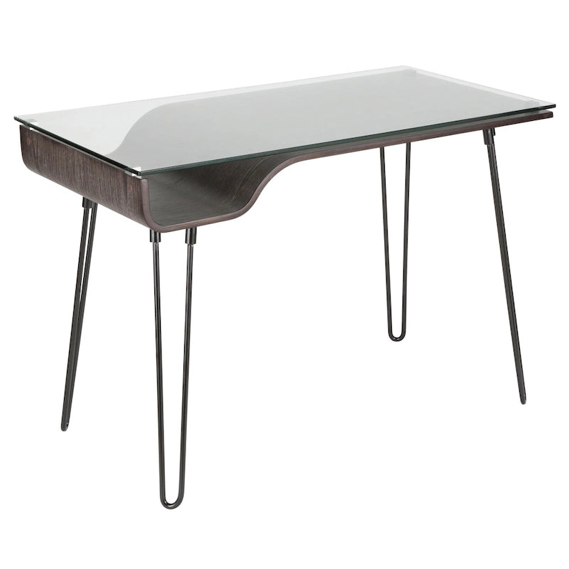 Mid-Century Modern Office Desk with Glass Top and Hairpin Metal Legs