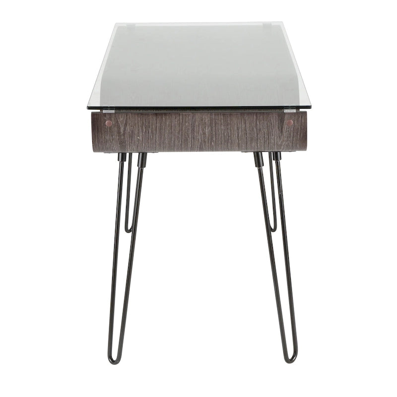 Mid-Century Modern Office Desk with Glass Top and Hairpin Metal Legs