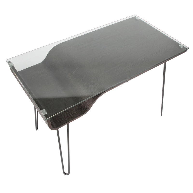 Mid-Century Modern Office Desk with Glass Top and Hairpin Metal Legs