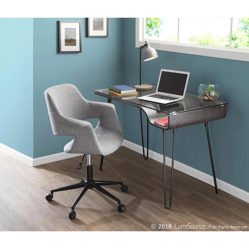 Mid-Century Modern Office Desk with Glass Top and Hairpin Metal Legs