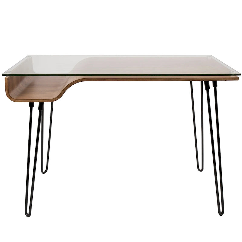 Mid-Century Modern Office Desk with Glass Top and Hairpin Metal Legs