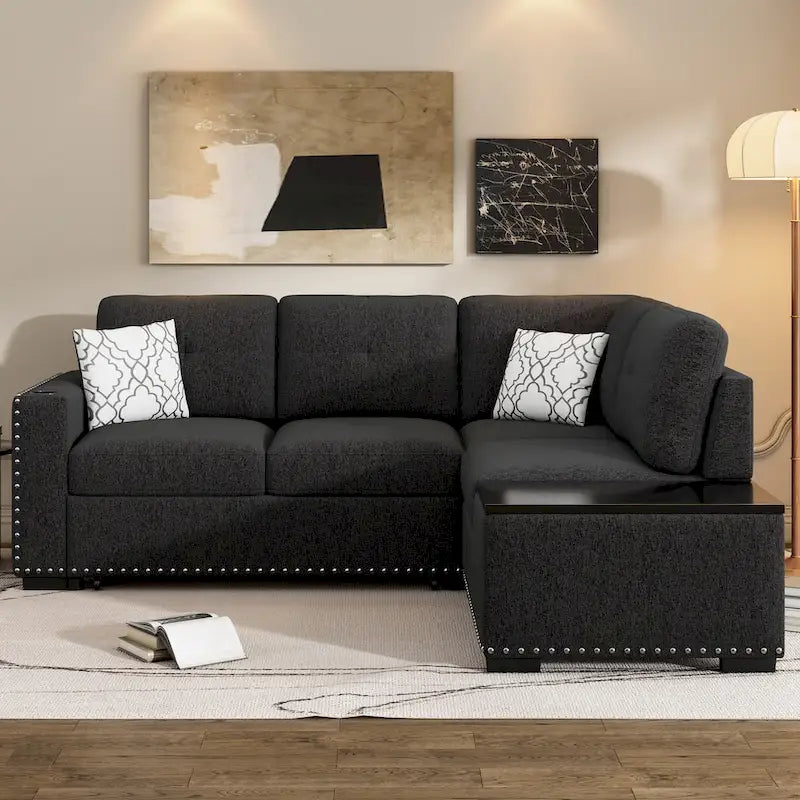 83.8 Sectional Pull-Out Sofa Bed L-Shaped Corner Sofa Couch with Storage Chaise, USB Ports, Power Sockets, Cup Holder for Livin