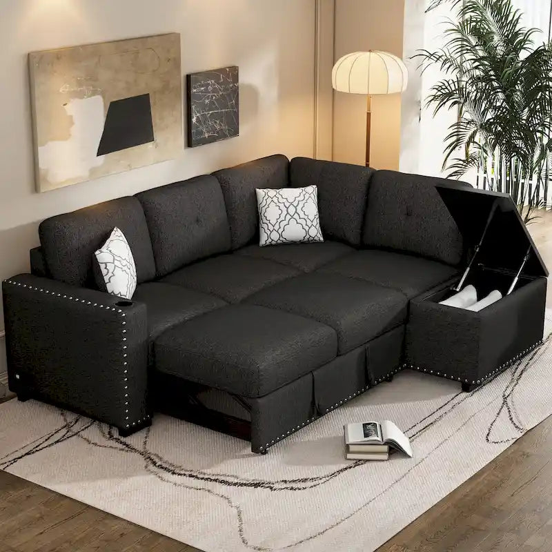 Canapé-lit d'angle modulable 83.8 en L avec rangement, méridienne, ports USB, prises électriques et porte-gobelet pour le salon