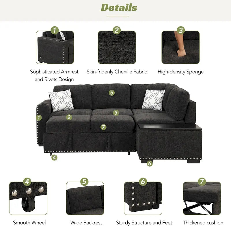 83.8 Sectional Pull-Out Sofa Bed L-Shaped Corner Sofa Couch with Storage Chaise, USB Ports, Power Sockets, Cup Holder for Livin