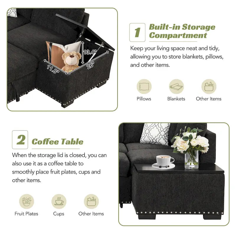 Canapé-lit d'angle modulable 83.8 en L avec rangement, méridienne, ports USB, prises électriques et porte-gobelet pour le salon