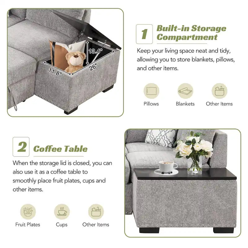 Canapé-lit d'angle modulable 83.8 en L avec rangement, méridienne, ports USB, prises électriques et porte-gobelet pour le salon