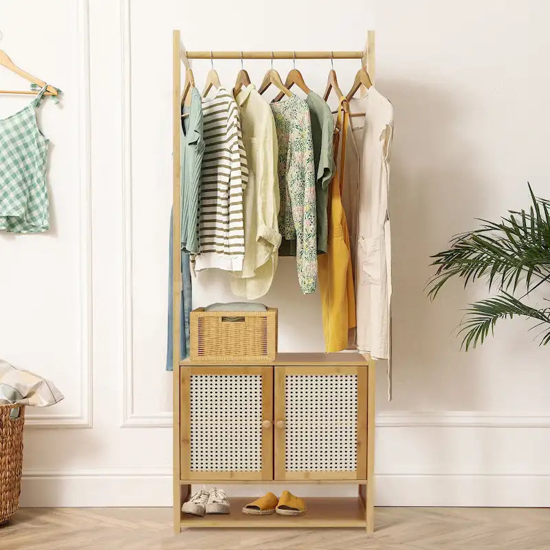 Bamboo Garment Rack with Clothes Rail Storage Organiser Freestanding - 21 x 13 x 66