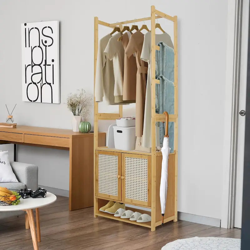 Bamboo Garment Rack with Clothes Rail Storage Organiser Freestanding - 21 x 13 x 66