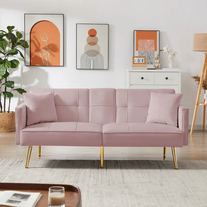 Canapé-lit futon en velours avec pieds en métal doré pour le salon, l’entrée, le couloir et le bureau