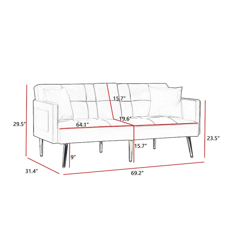 Canapé-lit futon en velours avec pieds en métal doré pour le salon, l’entrée, le couloir et le bureau