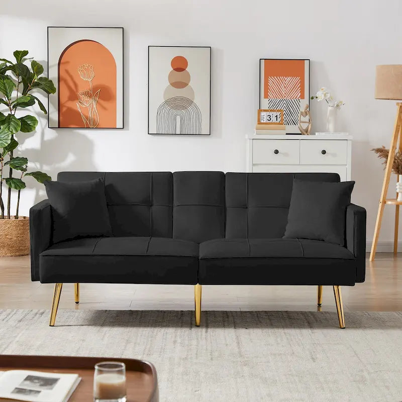 Canapé-lit futon en velours avec pieds en métal doré pour le salon, l’entrée, le couloir et le bureau