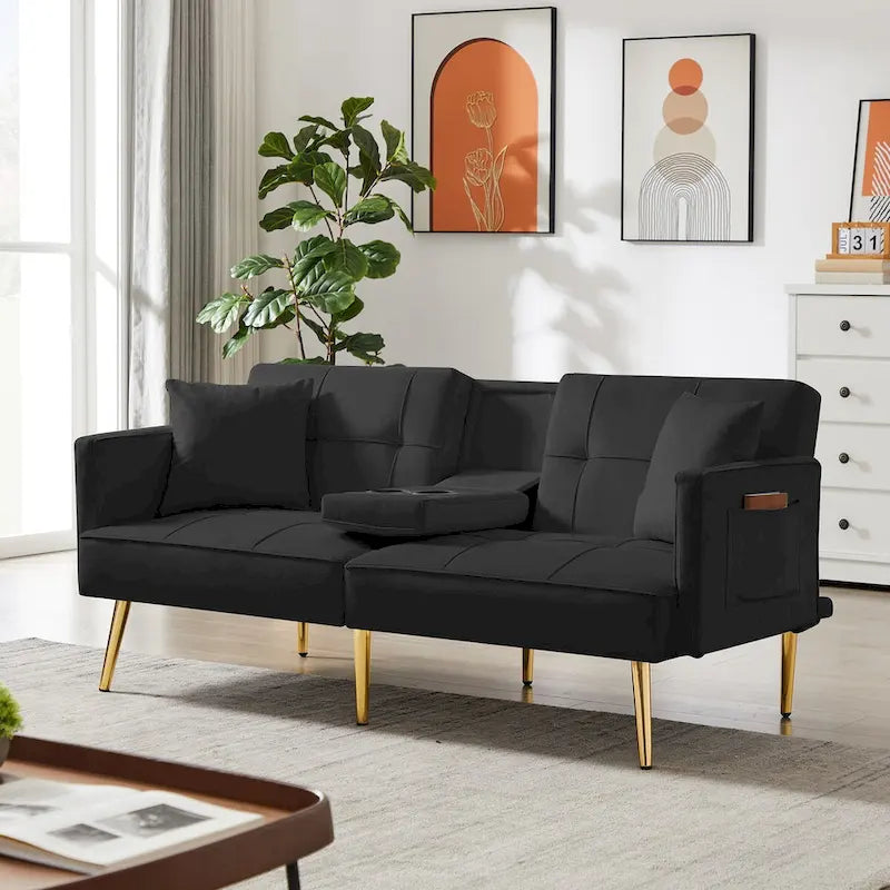 Canapé-lit futon en velours avec pieds en métal doré pour le salon, l’entrée, le couloir et le bureau