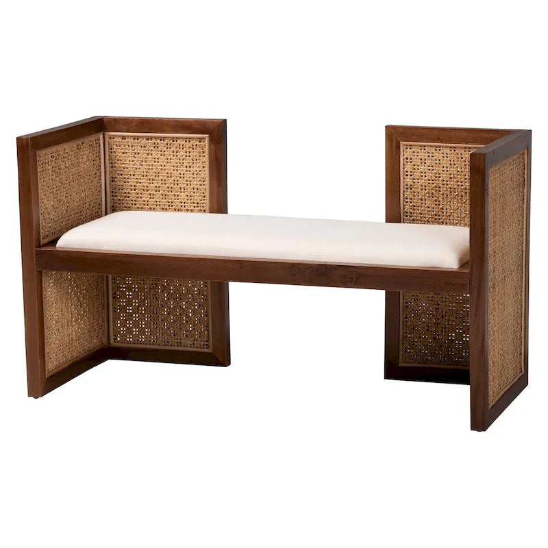 Bohemian Rattan and Acacia Wood Accent Bench - Light Honey