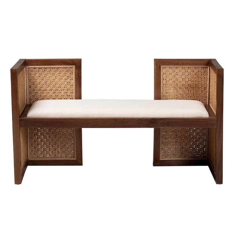 Bohemian Rattan and Acacia Wood Accent Bench - Light Honey