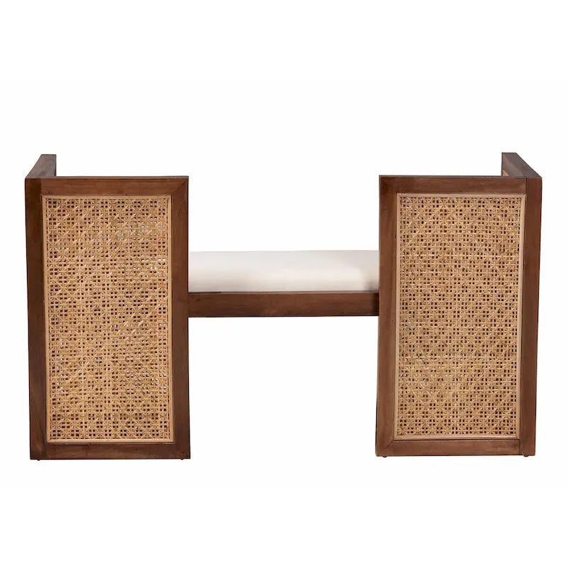 Bohemian Rattan and Acacia Wood Accent Bench - Light Honey