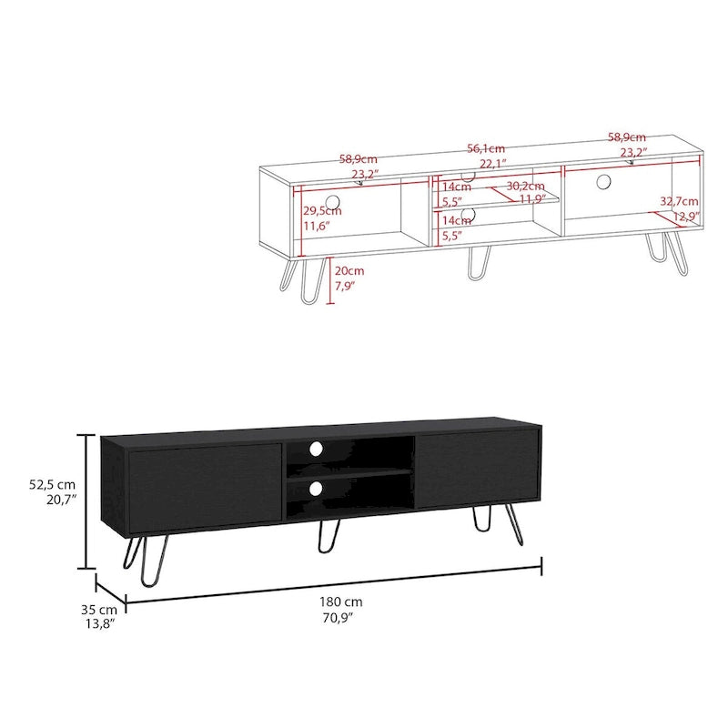 70.9 TV Stand with 2 Drawers and Open Shelves, Hairpin Legs