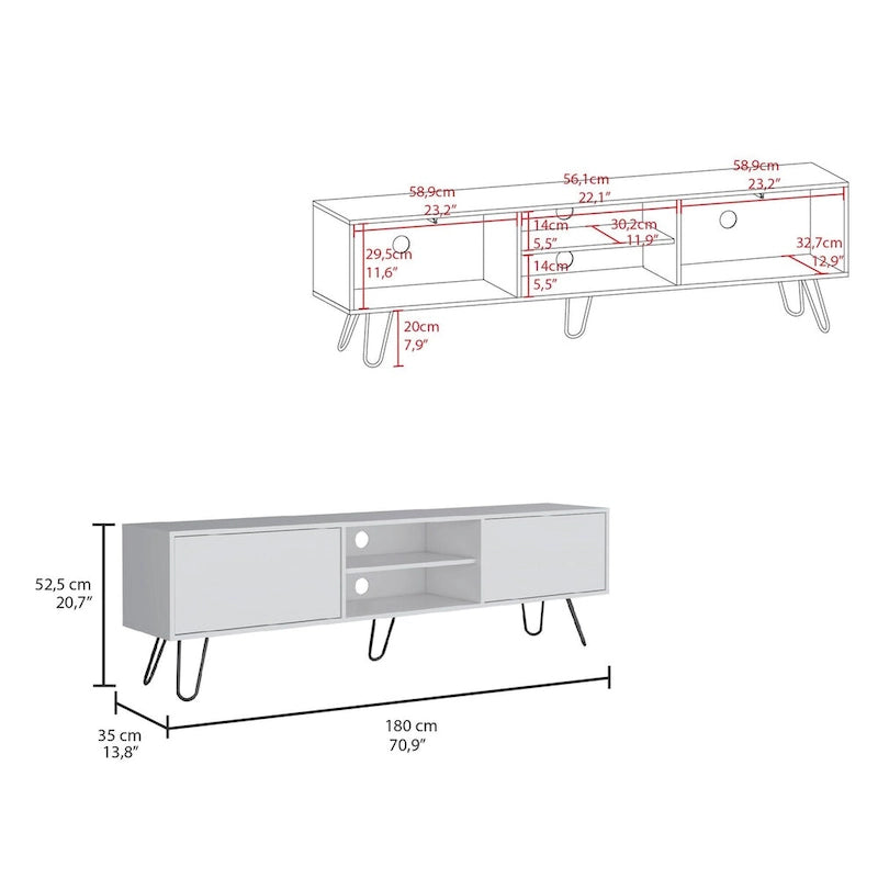 70.9 TV Stand with 2 Drawers and Open Shelves, Hairpin Legs