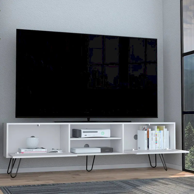 70.9 TV Stand with 2 Drawers and Open Shelves, Hairpin Legs