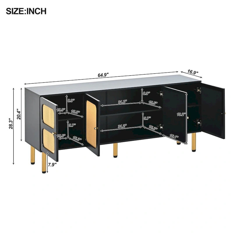 64.9 Rattan Door Media Console TV Stand for TVs Up to 70 Inches