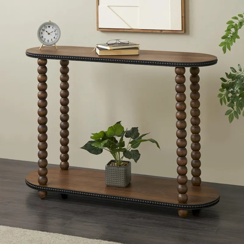 Ovale Konsolentisch aus Holz mit Spindeldetails, Perlenkanten und 1 Ablage - Braun
